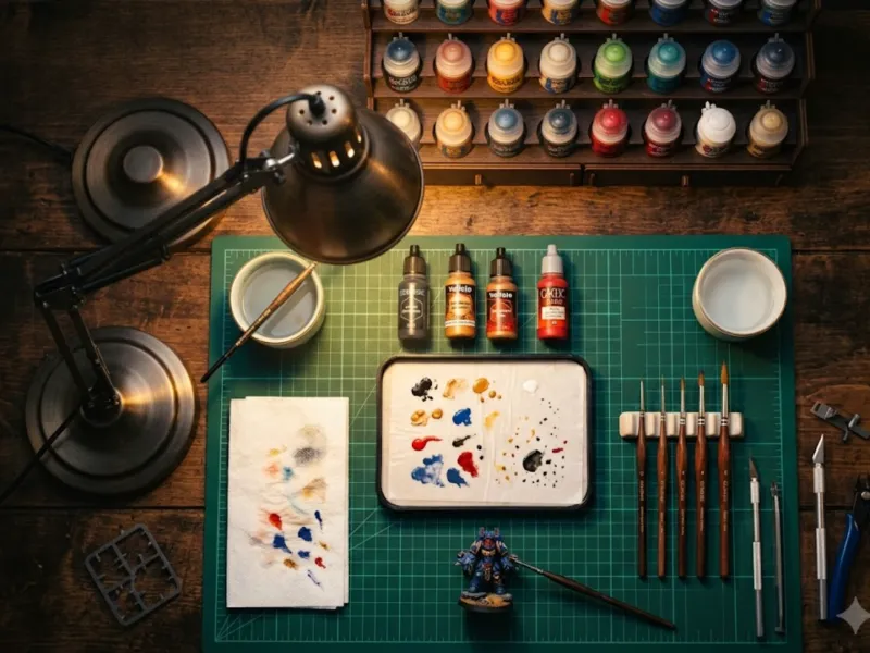 Miniature painting workspace setup with organized paints and brushes